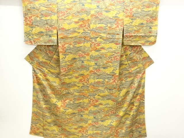 JAPANESE KIMONO / UNUSED KOMON / SILK / KATAZOME / SCENERY OF MANSIONS